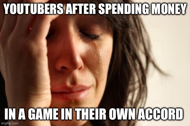 True | YOUTUBERS AFTER SPENDING MONEY; IN A GAME IN THEIR OWN ACCORD | image tagged in memes,first world problems | made w/ Imgflip meme maker