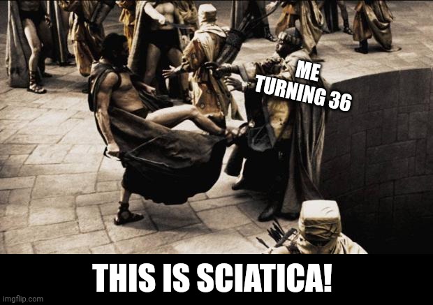 Sciatica | ME TURNING 36; THIS IS SCIATICA! | image tagged in madness - this is sparta | made w/ Imgflip meme maker