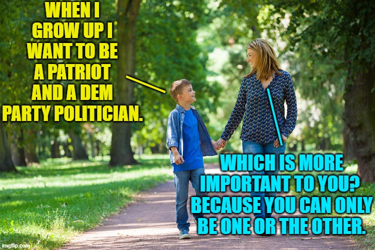Sorry kid.  It's called a reality check. | WHEN I GROW UP I WANT TO BE A PATRIOT AND A DEM PARTY POLITICIAN. __; ___; WHICH IS MORE IMPORTANT TO YOU?  BECAUSE YOU CAN ONLY BE ONE OR THE OTHER. | image tagged in mom and son walking | made w/ Imgflip meme maker