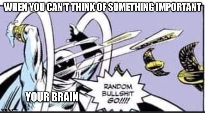 Am I wrong | WHEN YOU CAN'T THINK OF SOMETHING IMPORTANT; YOUR BRAIN | image tagged in random bullshit go | made w/ Imgflip meme maker