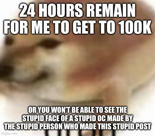context: I said I’d do Phantom’s face reveal if y’all got me to 100K by Friday. | 24 HOURS REMAIN FOR ME TO GET TO 100K; OR YOU WON’T BE ABLE TO SEE THE STUPID FACE OF A STUPID OC MADE BY THE STUPID PERSON WHO MADE THIS STUPID POST | image tagged in drog | made w/ Imgflip meme maker