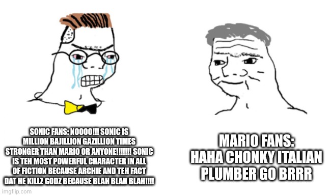 Sonic fans vs Mario fans in VS Battle/Death Battle debates. | SONIC FANS: NOOOO!!! SONIC IS MILLION BAJILLION GAZILLION TIMES STRONGER THAN MARIO OR ANYONE!!!!!!! SONIC IS TEH MOST POWERFUL CHARACTER IN ALL OF FICTION BECAUSE ARCHIE AND TEH FACT DAT HE KILLZ GODZ BECAUSE BLAH BLAH BLAH!!!! MARIO FANS: HAHA CHONKY ITALIAN PLUMBER GO BRRR | image tagged in noooo you can't just,mario,sonic,super mario,sonic the hedgehog,deathbattle | made w/ Imgflip meme maker