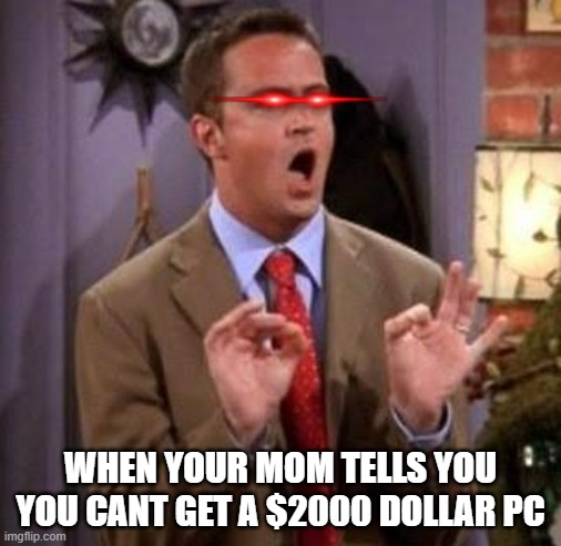 when your mom tells you you cant get a $2000 pc | WHEN YOUR MOM TELLS YOU YOU CANT GET A $2000 DOLLAR PC | image tagged in chandler bing,funny memes,lol,funny meme,pc | made w/ Imgflip meme maker