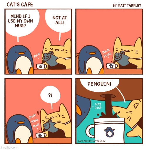 Penguin! | image tagged in penguin,coffee,cat | made w/ Imgflip meme maker