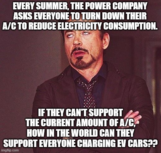 Robert Downey Jr Annoyed | EVERY SUMMER, THE POWER COMPANY ASKS EVERYONE TO TURN DOWN THEIR A/C TO REDUCE ELECTRICITY CONSUMPTION. IF THEY CAN'T SUPPORT THE CURRENT AM | image tagged in robert downey jr annoyed | made w/ Imgflip meme maker