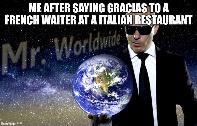 Mr Worldwide | ME AFTER SAYING GRACIAS TO A FRENCH WAITER AT A ITALIAN RESTAURANT | image tagged in mr worldwide | made w/ Imgflip meme maker