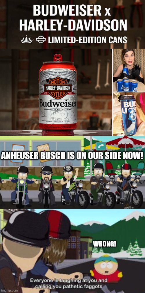 SOUTH PARK WAS RIGHT, AGAIN | ANHEUSER BUSCH IS ON OUR SIDE NOW! WRONG! | image tagged in south park,budweiser,bud light,woke,harley davidson,politics | made w/ Imgflip meme maker