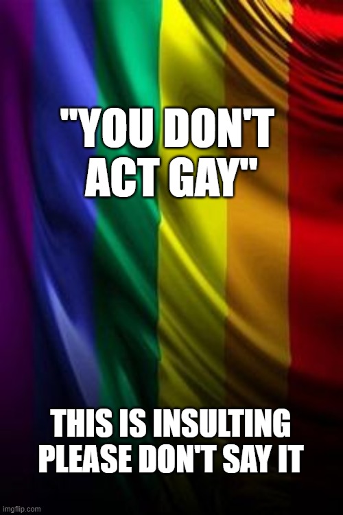 you don't act gay | "YOU DON'T 
ACT GAY"; THIS IS INSULTING

PLEASE DON'T SAY IT | image tagged in gay pride | made w/ Imgflip meme maker