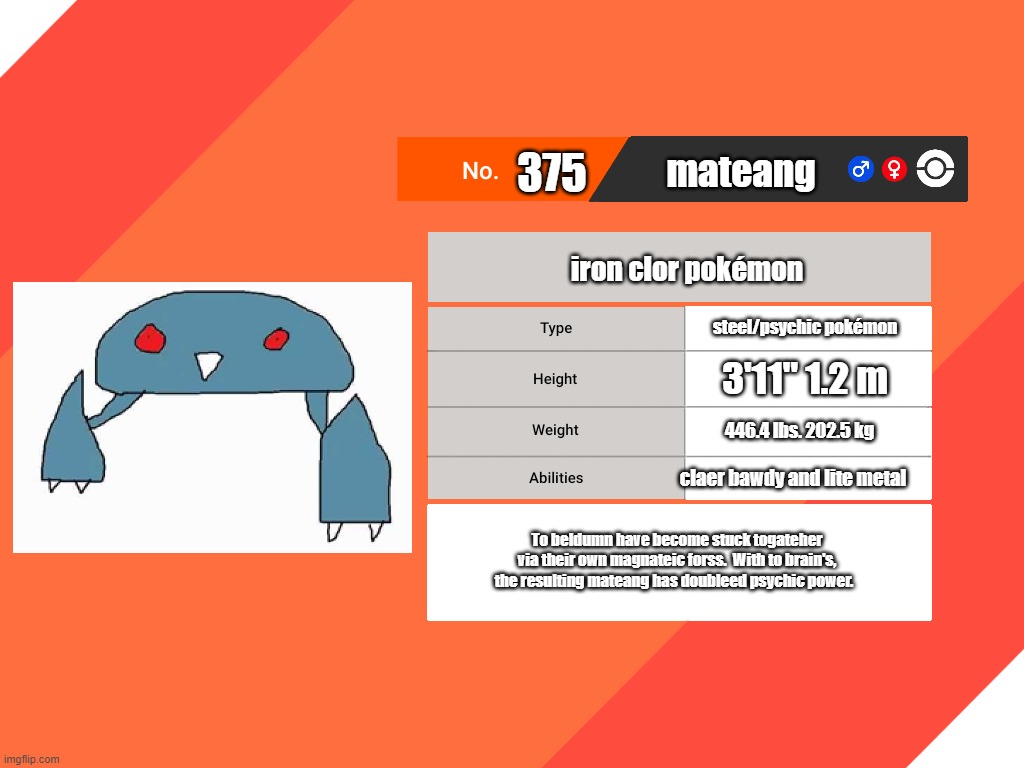 mateang, le iron clor pokémon, steel/psychic type | 375; mateang; iron clor pokémon; steel/psychic pokémon; 3'11" 1.2 m; 446.4 lbs. 202.5 kg; claer bawdy and lite metal; To beldumn have become stuck togateher via their own magnateic forss.  With to brain's, the resulting mateang has doubleed psychic power. | image tagged in blank pokemon swsh pokedex | made w/ Imgflip meme maker