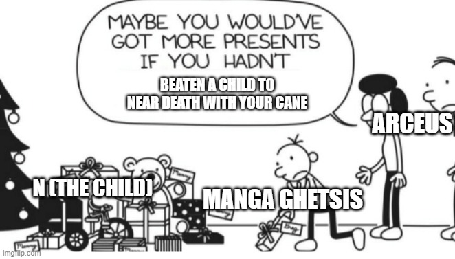 r/Themangaisbrutal | BEATEN A CHILD TO NEAR DEATH WITH YOUR CANE; ARCEUS; N (THE CHILD); MANGA GHETSIS | image tagged in greg heffley,christmas,diary of a wimpy kid,santa naughty list | made w/ Imgflip meme maker