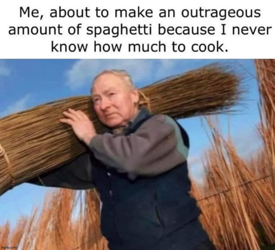 I never know how much to cook | image tagged in spaghetti,noodles | made w/ Imgflip meme maker