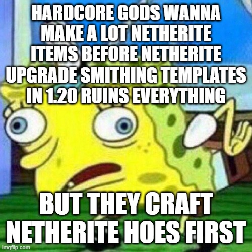 Hoes are Not Useless, but They are the Top 2 Useless Netherite Item(top 1 is netherite block) | HARDCORE GODS WANNA MAKE A LOT NETHERITE ITEMS BEFORE NETHERITE UPGRADE SMITHING TEMPLATES IN 1.20 RUINS EVERYTHING; BUT THEY CRAFT NETHERITE HOES FIRST | image tagged in triggerpaul | made w/ Imgflip meme maker