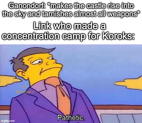 Probably the third meme regarding this but I don't care | Ganondorf: *makes the castle rise into the sky and tarnishes almost all weapons*; Link who made a concentration camp for Koroks: | image tagged in pathetic | made w/ Imgflip meme maker