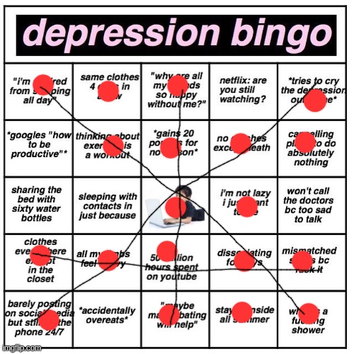 yay i got 4 bingos | image tagged in depression bingo | made w/ Imgflip meme maker