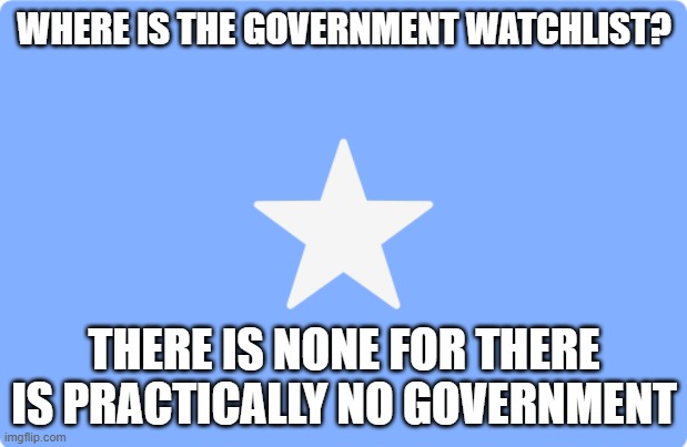 Somalia Flag | WHERE IS THE GOVERNMENT WATCHLIST? THERE IS NONE FOR THERE IS PRACTICALLY NO GOVERNMENT | image tagged in somalia flag | made w/ Imgflip meme maker