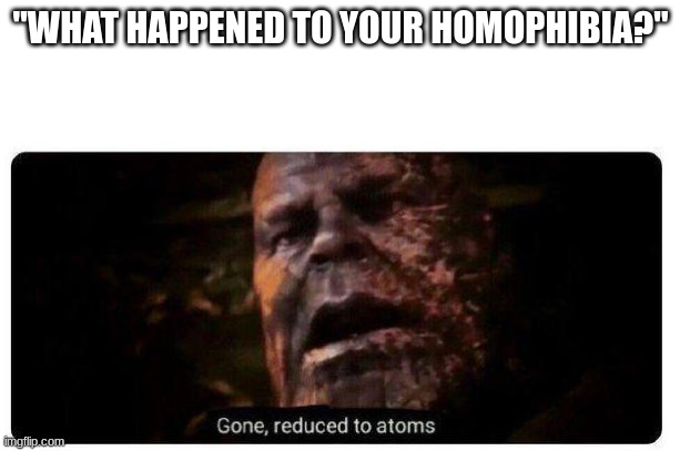 gone reduced to atoms | "WHAT HAPPENED TO YOUR HOMOPHIBIA?" | image tagged in gone reduced to atoms | made w/ Imgflip meme maker
