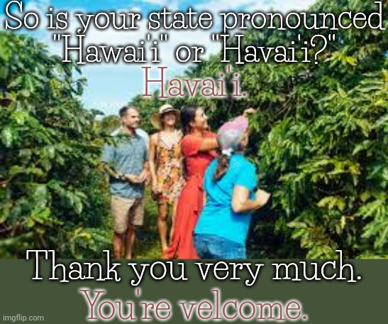 Accent. | So is your state pronounced "Hawai'i" or "Havai'i?"; Havai'i. Thank you very much. You're velcome. | image tagged in pacific,island,language,difference | made w/ Imgflip meme maker