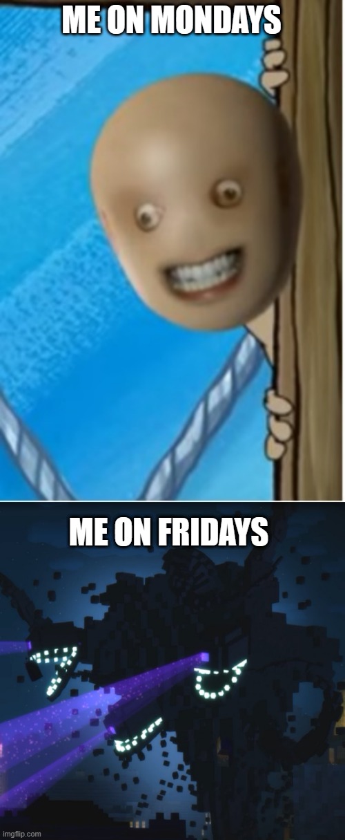 Fryday | ME ON MONDAYS; ME ON FRIDAYS | image tagged in yummer,wither storm minecraft story mode | made w/ Imgflip meme maker