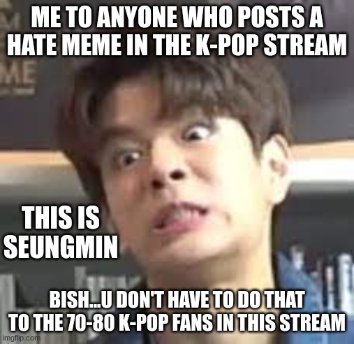seungmin | ME TO ANYONE WHO POSTS A HATE MEME IN THE K-POP STREAM; THIS IS SEUNGMIN; BISH...U DON'T HAVE TO DO THAT TO THE 70-80 K-POP FANS IN THIS STREAM | image tagged in seungmin,skz | made w/ Imgflip meme maker
