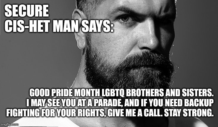 SECURE CIS-HET MAN SAYS:; GOOD PRIDE MONTH LGBTQ BROTHERS AND SISTERS. I MAY SEE YOU AT A PARADE, AND IF YOU NEED BACKUP FIGHTING FOR YOUR RIGHTS, GIVE ME A CALL. STAY STRONG. | image tagged in secure cis-het man,healthy masculinity,ally,pride month,you do you,diversity is strength | made w/ Imgflip meme maker