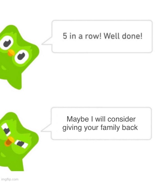 Duo Pls | Maybe I will consider giving your family back | image tagged in duolingo 5 in a row | made w/ Imgflip meme maker