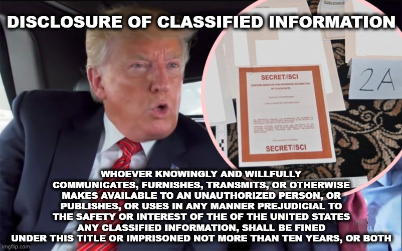 18 U.S. Code § 798 - Disclosure of classified information | DISCLOSURE OF CLASSIFIED INFORMATION; WHOEVER KNOWINGLY AND WILLFULLY COMMUNICATES, FURNISHES, TRANSMITS, OR OTHERWISE MAKES AVAILABLE TO AN UNAUTHORIZED PERSON, OR PUBLISHES, OR USES IN ANY MANNER PREJUDICIAL TO THE SAFETY OR INTEREST OF THE OF THE UNITED STATES ANY CLASSIFIED INFORMATION, SHALL BE FINED UNDER THIS TITLE OR IMPRISONED NOT MORE THAN TEN YEARS, OR BOTH | image tagged in disclosure of classified information,treason,spy,criminal,sedition,classified | made w/ Imgflip meme maker