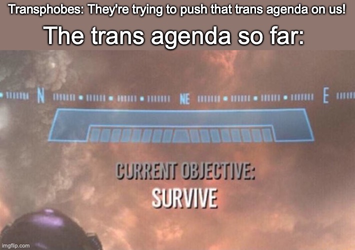 Current Objective: Survive | Transphobes: They're trying to push that trans agenda on us! The trans agenda so far: | image tagged in current objective survive | made w/ Imgflip meme maker