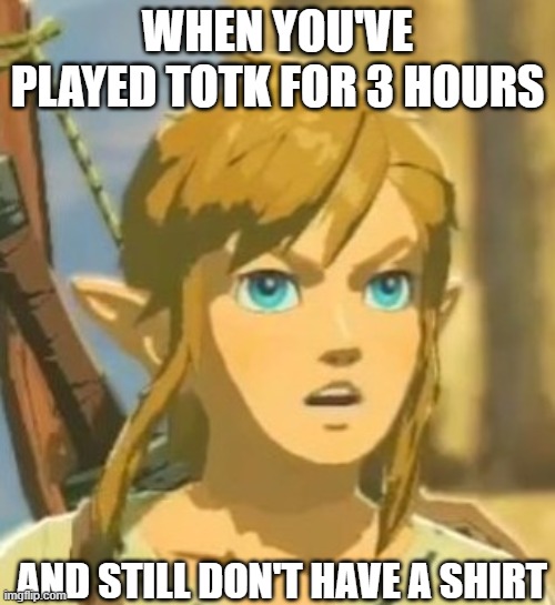 Im way more than 3 hours in, but this did happen to me | WHEN YOU'VE PLAYED TOTK FOR 3 HOURS; AND STILL DON'T HAVE A SHIRT | image tagged in offended link | made w/ Imgflip meme maker
