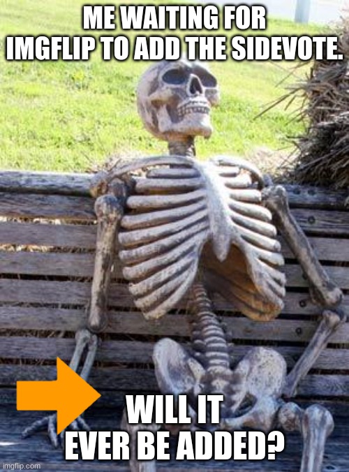 Where's the sidevote? | ME WAITING FOR IMGFLIP TO ADD THE SIDEVOTE. WILL IT EVER BE ADDED? | image tagged in memes,waiting skeleton,sidevote | made w/ Imgflip meme maker