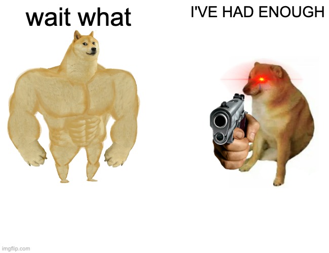 he's had enough | wait what; I'VE HAD ENOUGH | image tagged in memes,buff doge vs cheems | made w/ Imgflip meme maker