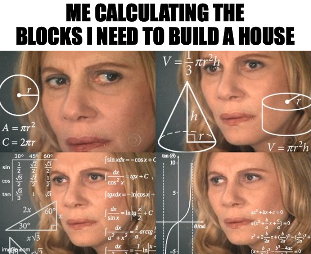 calculating | ME CALCULATING THE BLOCKS I NEED TO BUILD A HOUSE | image tagged in calculating meme | made w/ Imgflip meme maker