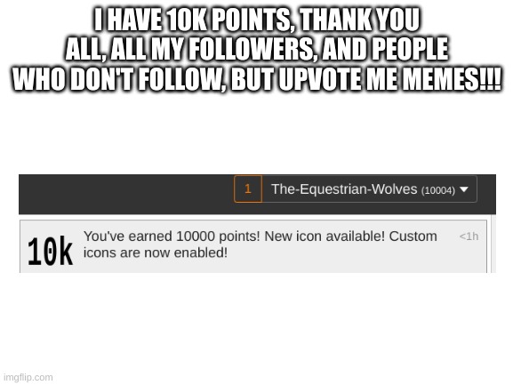 Blank White Template | I HAVE 10K POINTS, THANK YOU ALL, ALL MY FOLLOWERS, AND PEOPLE WHO DON'T FOLLOW, BUT UPVOTE ME MEMES!!! | image tagged in blank white template,meme,fun,funny | made w/ Imgflip meme maker