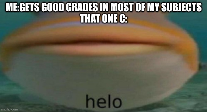 helo | ME:GETS GOOD GRADES IN MOST OF MY SUBJECTS
THAT ONE C: | image tagged in helo | made w/ Imgflip meme maker