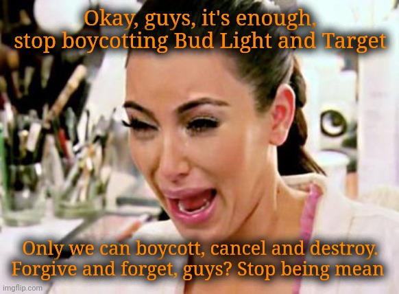Democrats hate it and break down crying when you do what they do, only we don't doxx people and try to destroy them. | Okay, guys, it's enough, stop boycotting Bud Light and Target; Only we can boycott, cancel and destroy. Forgive and forget, guys? Stop being mean | image tagged in kim kardashian,scumbag democrats,hypocrites,crybabies,only we can do that | made w/ Imgflip meme maker