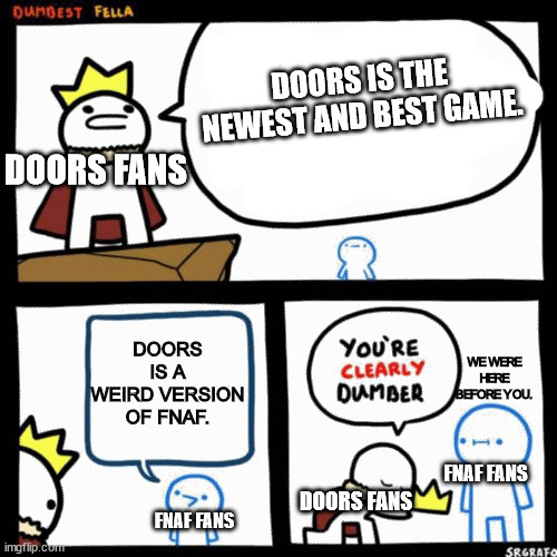What most people think we do to each other. | DOORS IS THE NEWEST AND BEST GAME. DOORS FANS; DOORS IS A WEIRD VERSION OF FNAF. WE WERE HERE BEFORE YOU. FNAF FANS; DOORS FANS; FNAF FANS | image tagged in i'm the dumbest man alive | made w/ Imgflip meme maker