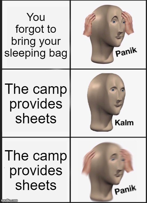 Forgot Sleeping Bag | You forgot to bring your sleeping bag; The camp provides sheets; The camp provides sheets | image tagged in memes,panik kalm panik | made w/ Imgflip meme maker