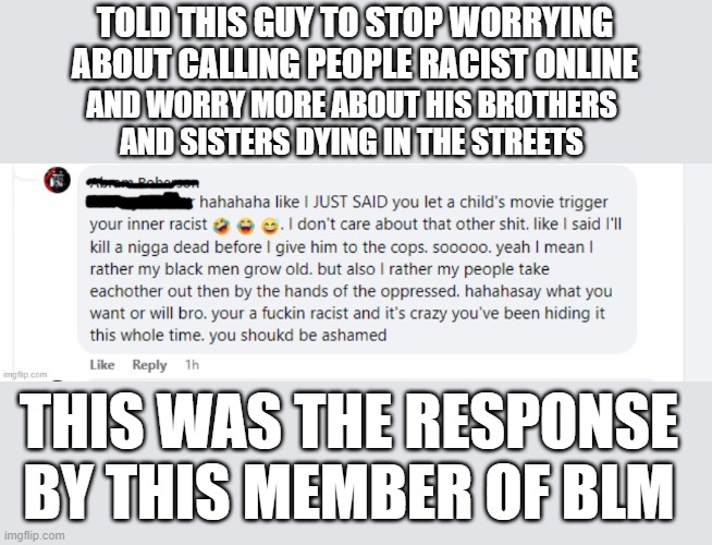 Tell me again how the culture is not the problem | TOLD THIS GUY TO STOP WORRYING ABOUT CALLING PEOPLE RACIST ONLINE; AND WORRY MORE ABOUT HIS BROTHERS AND SISTERS DYING IN THE STREETS; THIS WAS THE RESPONSE BY THIS MEMBER OF BLM | image tagged in stupid liberals,human stupidity,blm,political meme,truth,funny memes | made w/ Imgflip meme maker