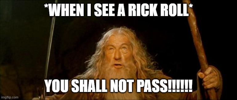 You shall never give me up | *WHEN I SEE A RICK ROLL* YOU SHALL NOT PASS!!!!!! | image tagged in gandalf you shall not pass,rickroll | made w/ Imgflip meme maker