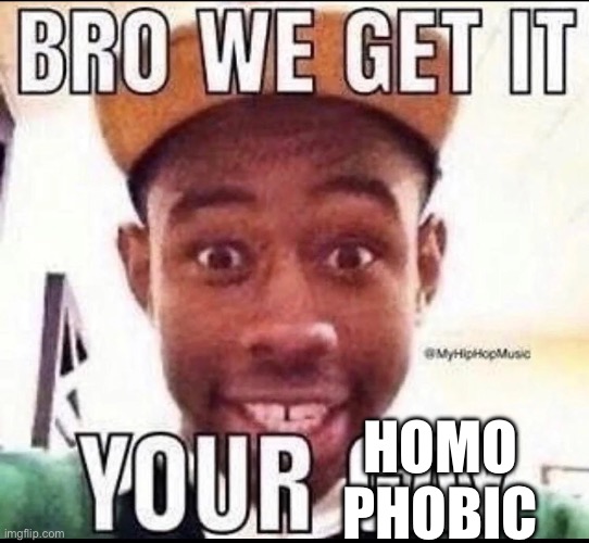 BRO WE GET IT YOU'RE GAY | HOMO
PHOBIC | image tagged in bro we get it you're gay | made w/ Imgflip meme maker