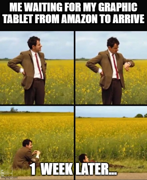 Animators | ME WAITING FOR MY GRAPHIC TABLET FROM AMAZON TO ARRIVE; 1  WEEK LATER... | image tagged in mr bean waiting | made w/ Imgflip meme maker