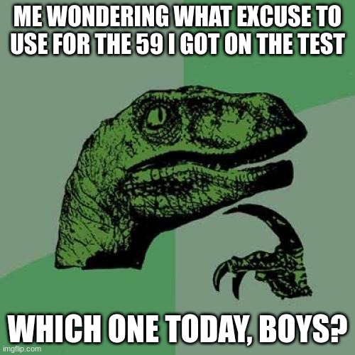 Philosoraptor Meme | ME WONDERING WHAT EXCUSE TO USE FOR THE 59 I GOT ON THE TEST; WHICH ONE TODAY, BOYS? | image tagged in memes,philosoraptor | made w/ Imgflip meme maker