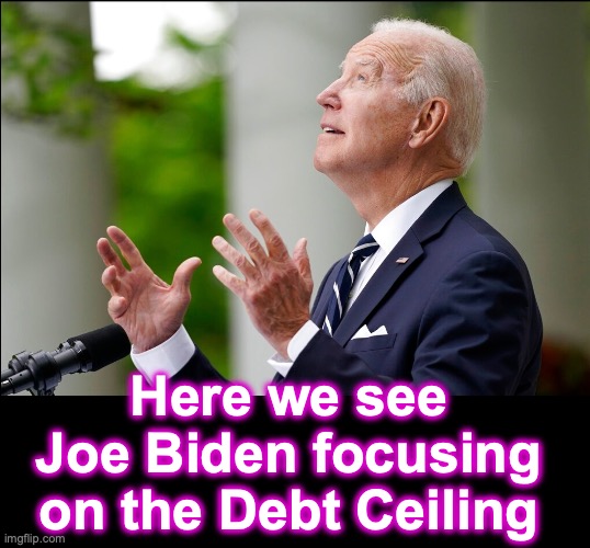 [warning: ophthalmologic satire] | Here we see Joe Biden focusing on the Debt Ceiling | image tagged in joe biden,national debt,debt,ceiling | made w/ Imgflip meme maker