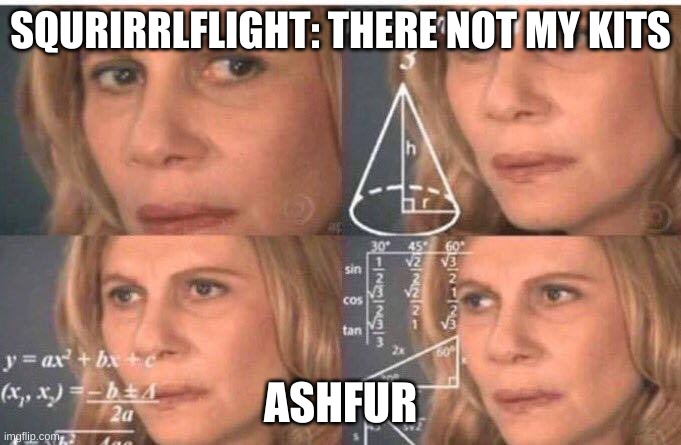 Math lady/Confused lady | SQURIRRLFLIGHT: THERE NOT MY KITS; ASHFUR | image tagged in math lady/confused lady | made w/ Imgflip meme maker