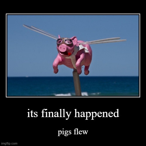 its finally happened | pigs flew | image tagged in funny,demotivationals | made w/ Imgflip demotivational maker