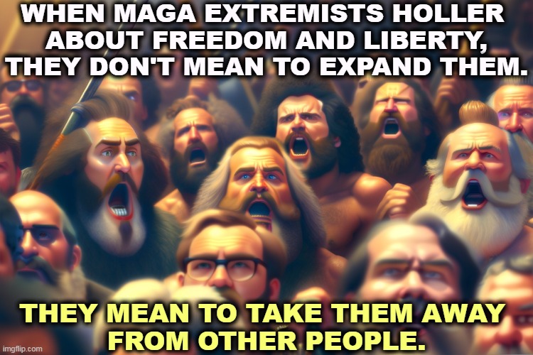 WHEN MAGA EXTREMISTS HOLLER 
ABOUT FREEDOM AND LIBERTY,
THEY DON'T MEAN TO EXPAND THEM. THEY MEAN TO TAKE THEM AWAY 
FROM OTHER PEOPLE. | image tagged in maga,extreme,destroy,freedom,liberty | made w/ Imgflip meme maker