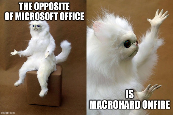 Persian Cat Room Guardian | THE OPPOSITE OF MICROSOFT OFFICE; IS MACROHARD ONFIRE | image tagged in memes,persian cat room guardian,so true memes,funny memes | made w/ Imgflip meme maker