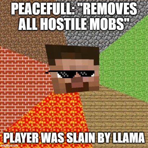 Minecraft Steve | PEACEFULL: "REMOVES ALL HOSTILE MOBS"; PLAYER WAS SLAIN BY LLAMA | image tagged in minecraft steve | made w/ Imgflip meme maker