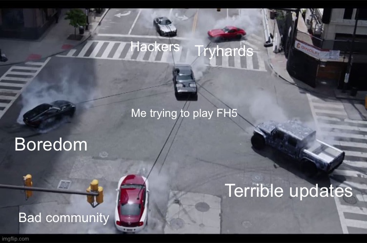 Dom Car Harpooned Furious 7 | Hackers; Tryhards; Me trying to play FH5; Boredom; Terrible updates; Bad community | image tagged in meme,fast and furious | made w/ Imgflip meme maker