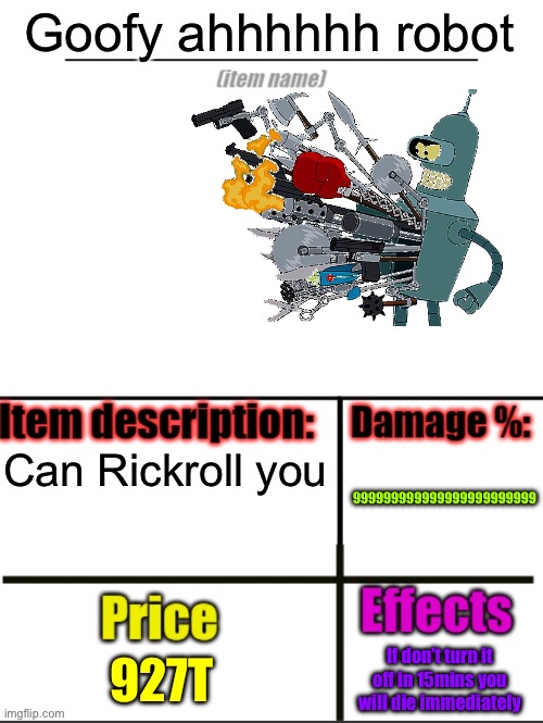Item-shop extended | Goofy ahhhhhh robot; 999999999999999999999999; Can Rickroll you; 927T; If don’t turn it off in 15mins you will die immediately | image tagged in item-shop extended | made w/ Imgflip meme maker