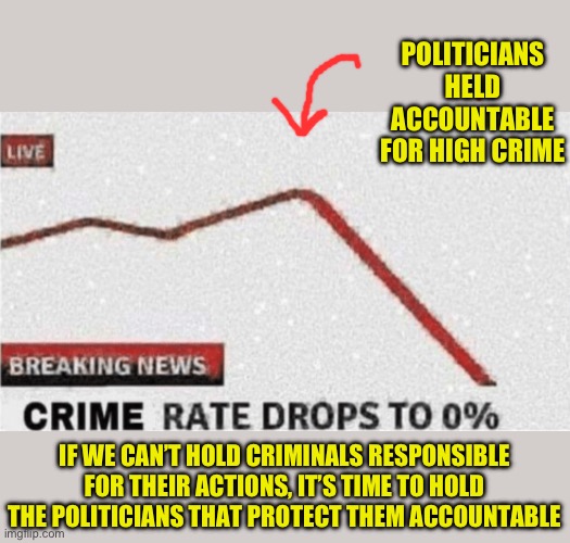 Time to get rid of Mayors and DA’s who protect lawbreakers and violent offenders | POLITICIANS HELD ACCOUNTABLE FOR HIGH CRIME; IF WE CAN’T HOLD CRIMINALS RESPONSIBLE FOR THEIR ACTIONS, IT’S TIME TO HOLD THE POLITICIANS THAT PROTECT THEM ACCOUNTABLE | image tagged in crime rate drops to zero,dont forget state politicians as well,enjoy high crime - vote democrap,recall or remove from office | made w/ Imgflip meme maker